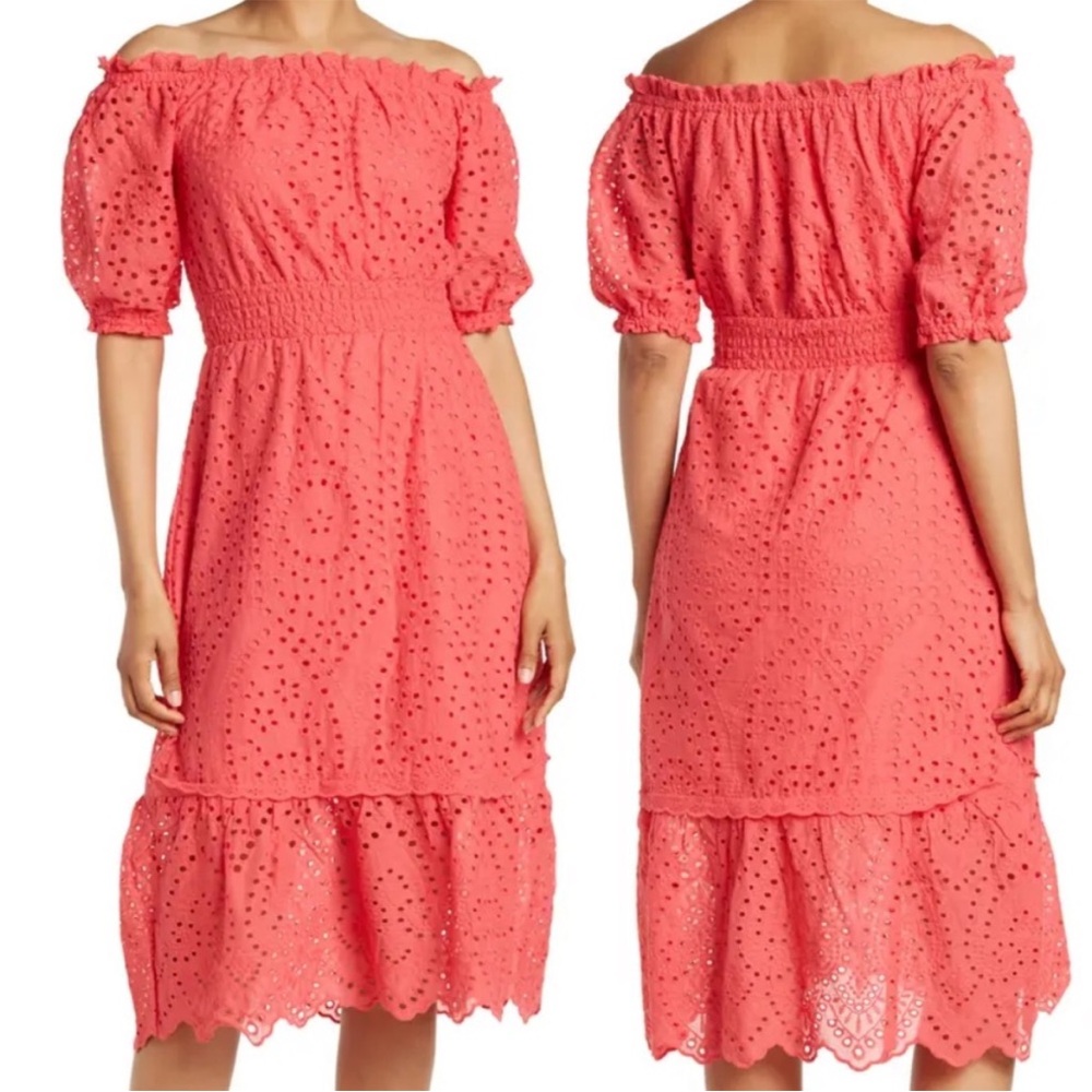 Betsey Johnson Pink Off-Shoulder Puff Sleeve Midi Dress